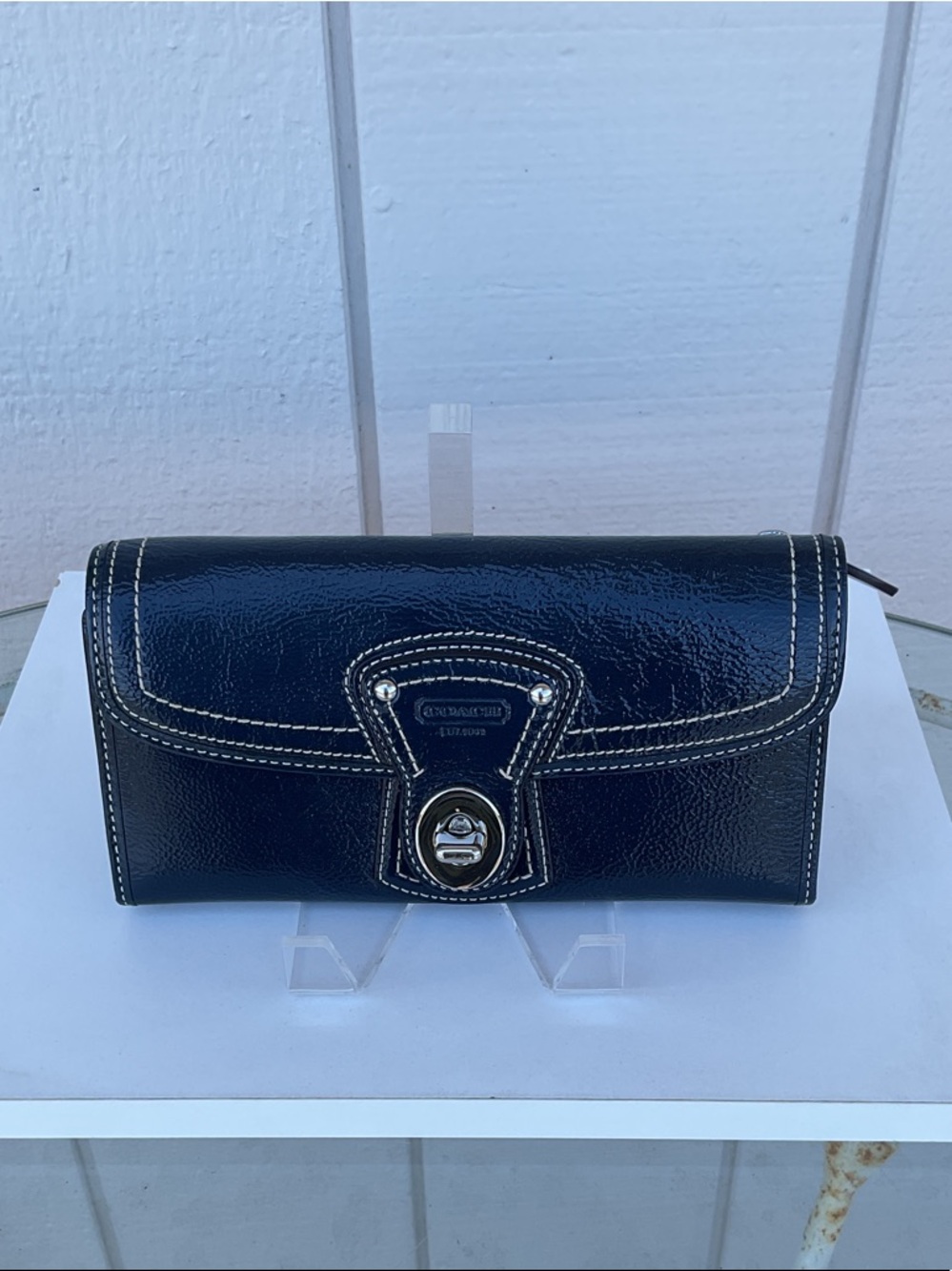 Vintage Coach Navy Leather Wallet with Silver Turnlock